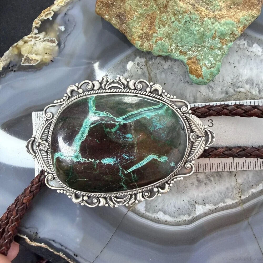 Sterling Southwestern Style Oval Large Chrysocolla  Bolo Tie For Men